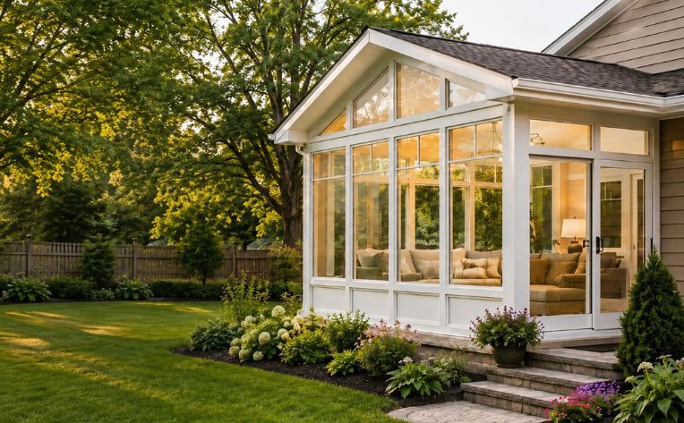 White-framed sunroom with large glass windows overlooking a landscaped backyard and garden.